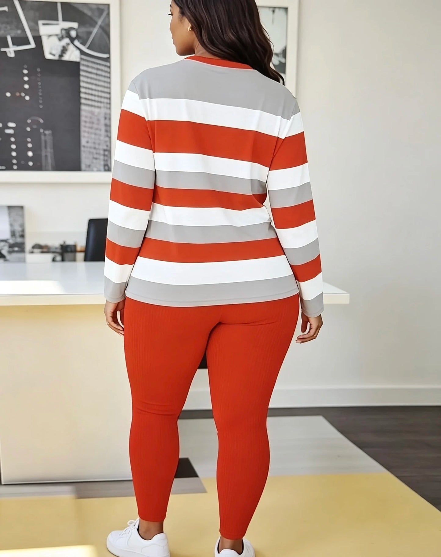 European and American plus size women's red, white, and gray color-block striped long-sleeve top and solid color ribbed pants set; crew neck loose casual loungear