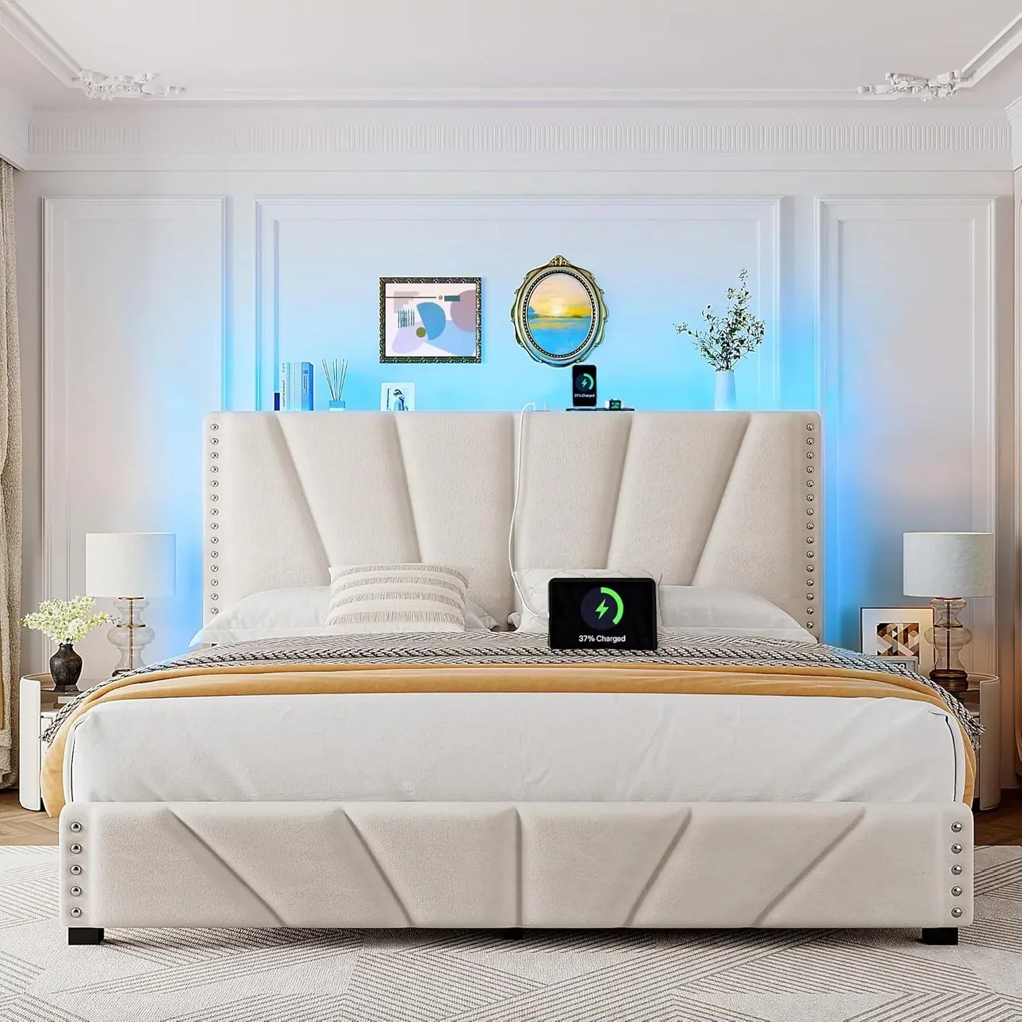 Velvet Headboard and LED Lights， Storage Headboard Platform Bed with Charging Station，King Size Bed Frame