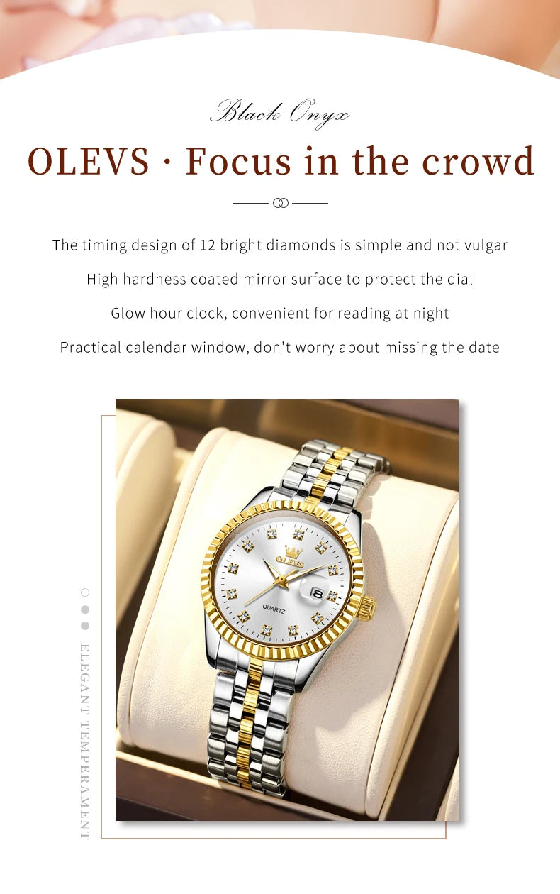 OLEVS Women's Watches Luxury Diamond Elegant Women Wristwatch Stainless Steel Waterproof Luminous Ladies Watch Jewelry Set