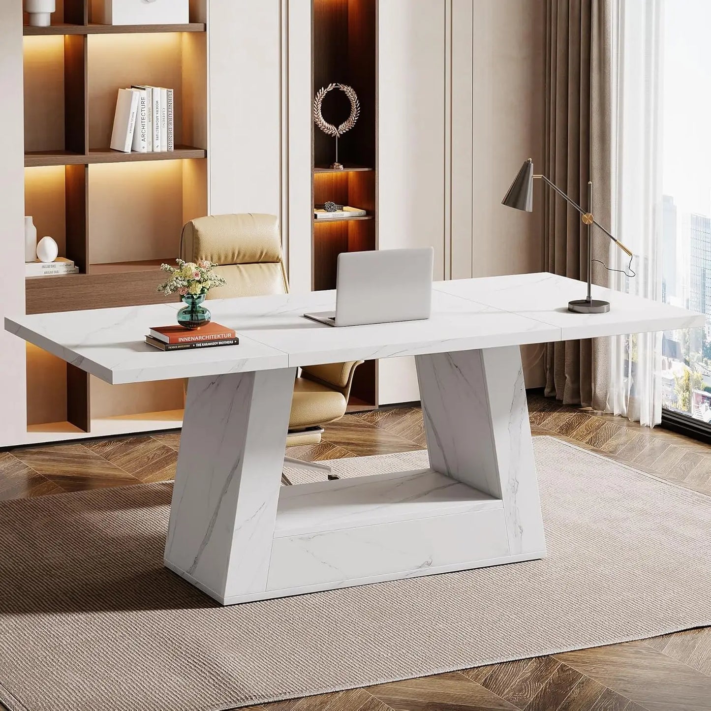 Modern Computer Desk, 63-Inch Large Office Desk , Simple Style Executive Desk, Faux Marble Writing Desk for Home Office