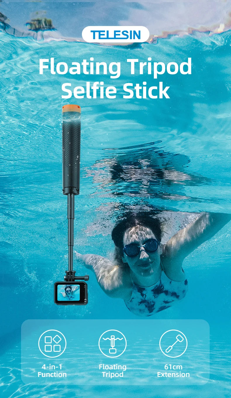 TELESIN 4 in 1 Selfie Stick Floating Hand Grip Tripod Waterproof Extendable Selfie Monopod for GoPro DJI OSMO Action Insta360