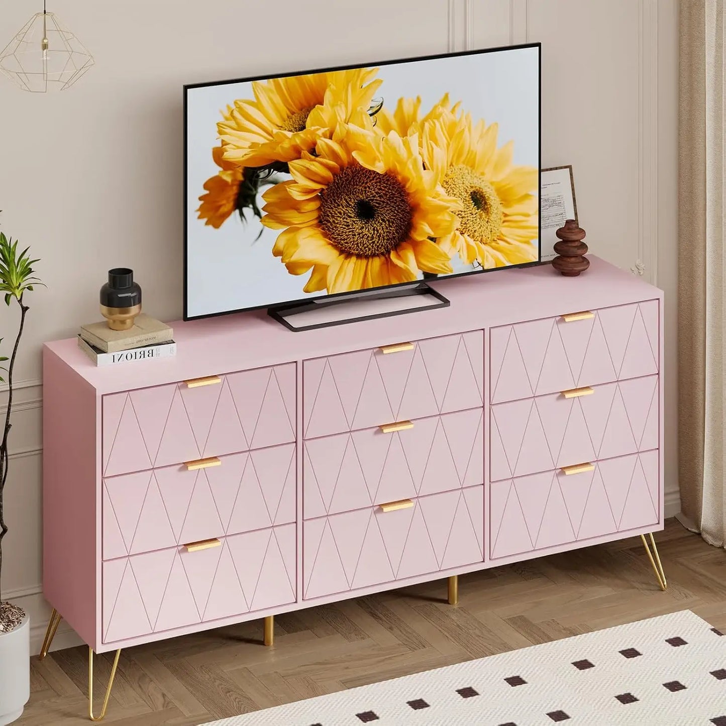 9 Drawer Dresser Navy with Gold Handles for Bedroom, Chest of Drawers & Long Dresser with Deep Drawers, Modern Wood Dressers