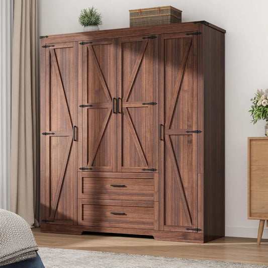 4 Doors Wardrobe Armoire Closet with Doors and Drawers, Farmhouse Wooden Armoire Storage Cabinet with Shelves & Hanging Rod