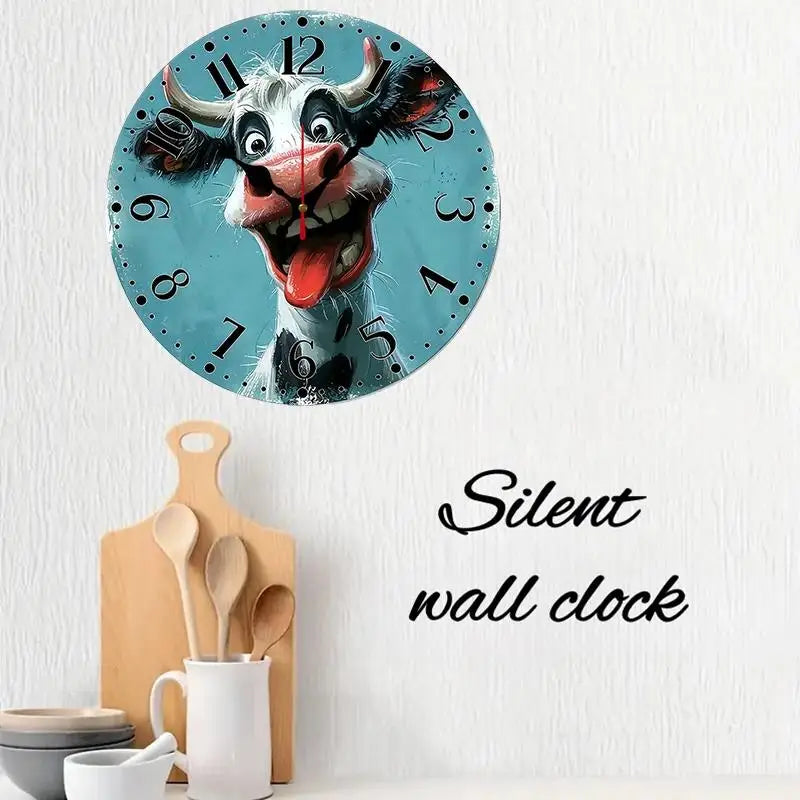 DIY 2D Flat Creative Cow Design Wooden Round Silent Hanging Wall Clock, Suitable For Living Room, Office,Study Room,Bedroom, Home Decoration
