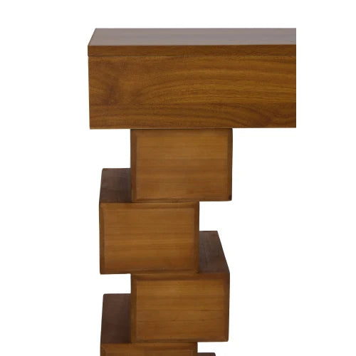 Modern Geometric Block Stacked Wood Console Table With Natural Finish
