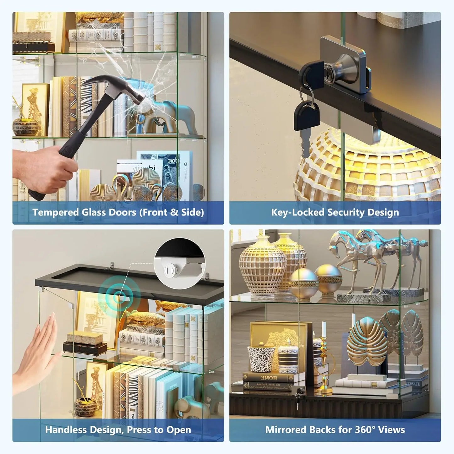 Glass Display Cabinet with RGB Lights - 5-Tiers Curio Cabinet Display Case with Lock, Frameless Tall Showcase, Customized