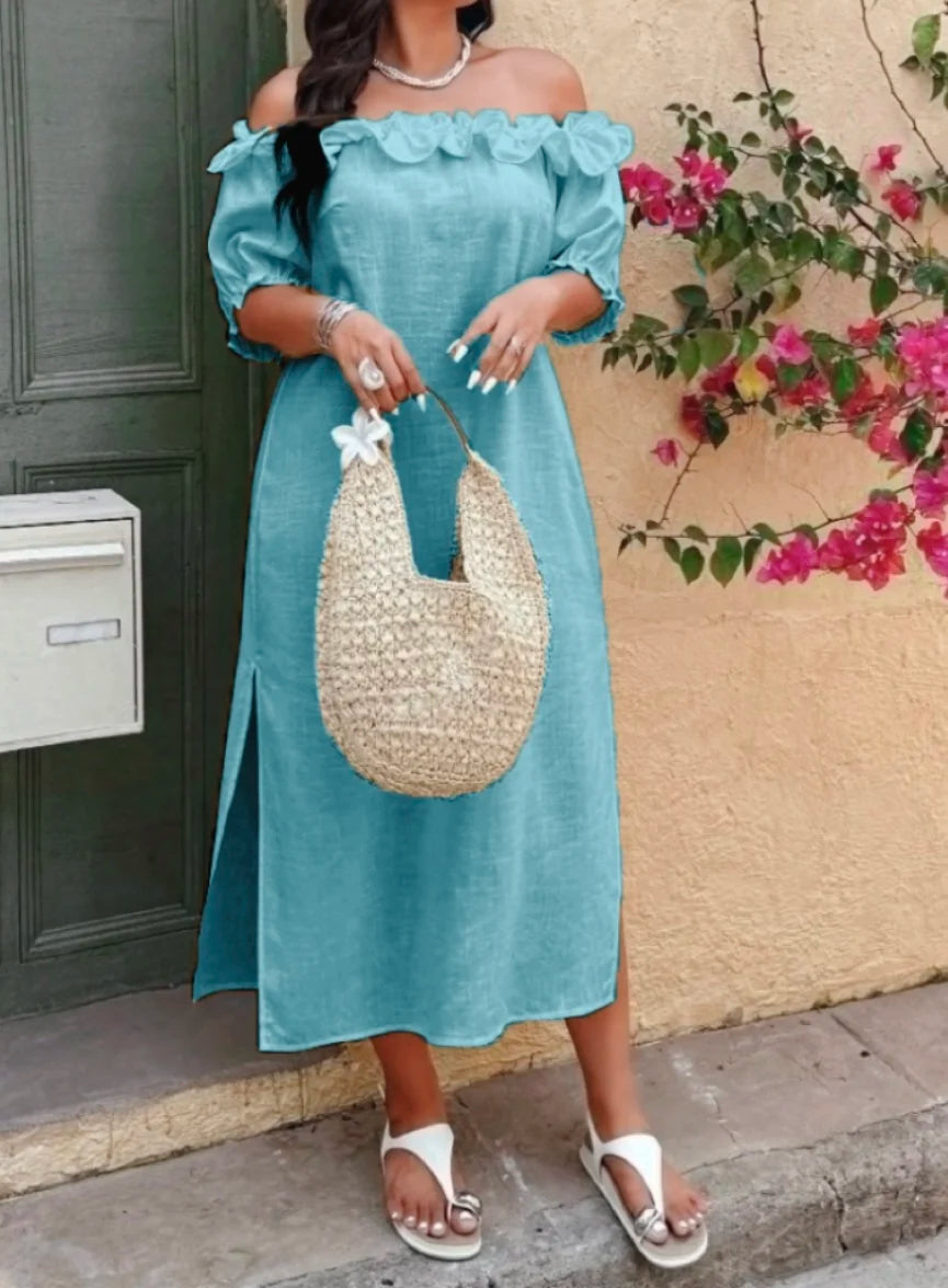Plus Size Women's Slouchy Slimming Beach Vacation Dress, Off-Shoulder Puff Sleeve Loose Hem Slit Dress