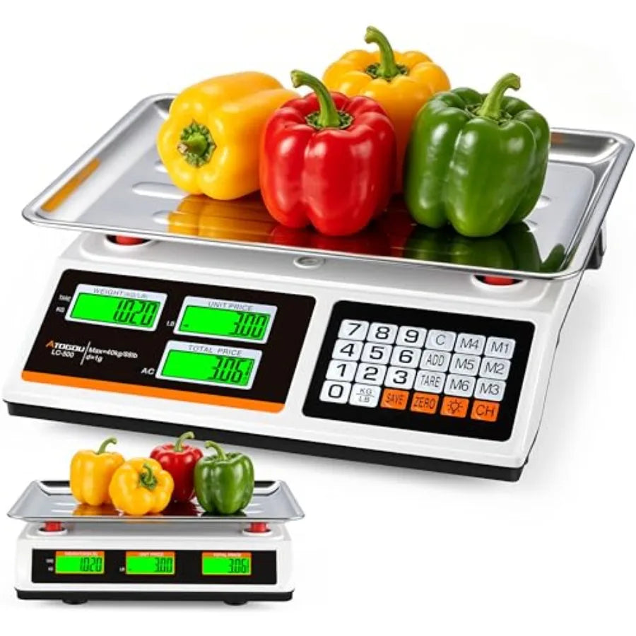 Commercial food kitchen scale for produce, farmers, markets, meat: 88lb/40kg price computing scale with dual-sided display, pre