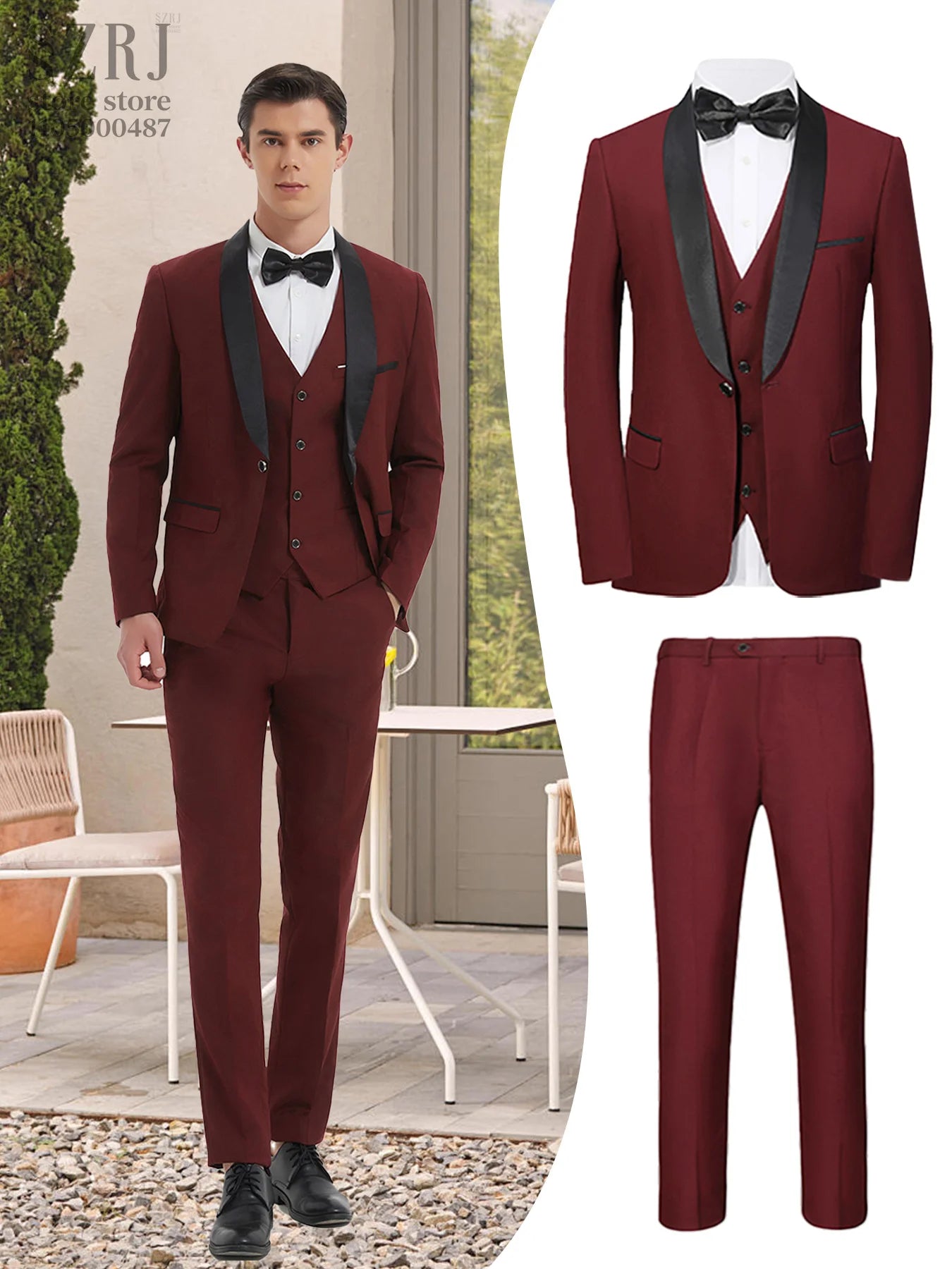 3PCS Men's Wedding Guest Suit Set: Shawl Collar Jacket + Slim Pants | Formal Banquet Outfit