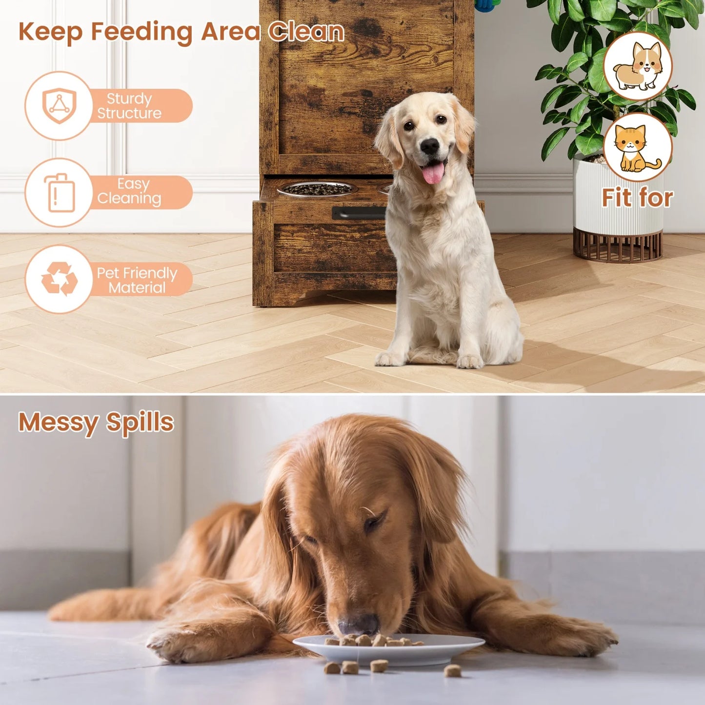 Pet Food Cabinet Flip Top Dog Food Storage Cabinet,Dog Feeding Station with 2 Elevated Bowls, Pet Toy Storage Organizer