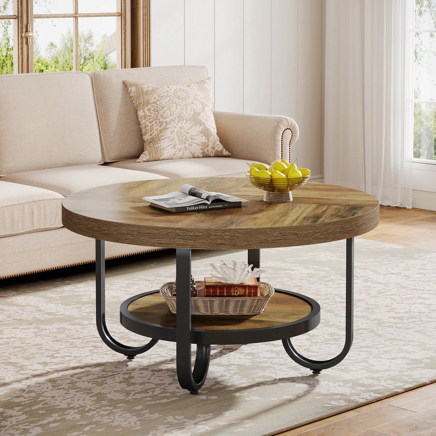 Tribesigns Round Coffee Table for Living Room, 2-Tier Center Table with Storage Shelf, 31.1-Inch Industrial Cocktail Tea Table w