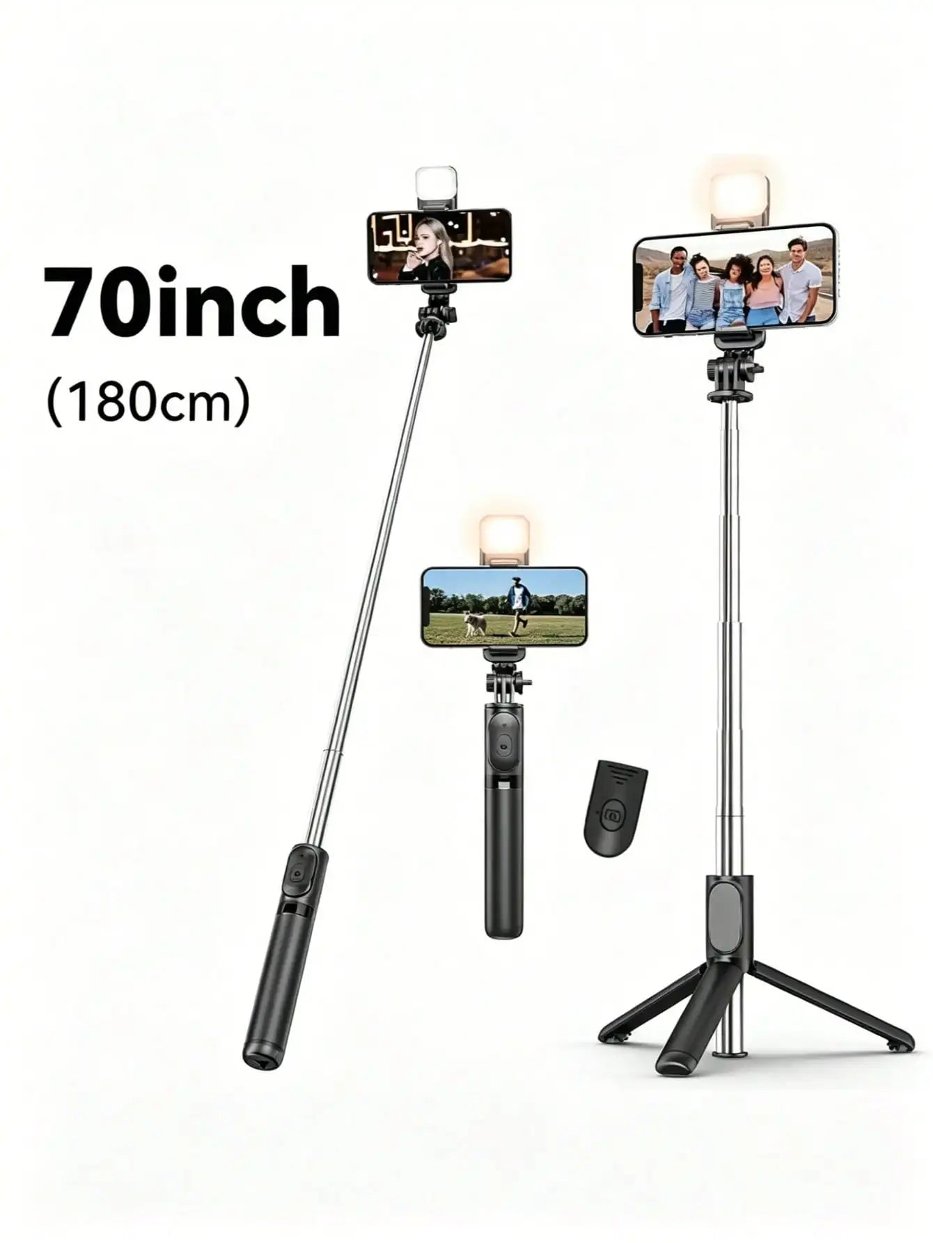 70'' Extendable Selfie Stick Tripod With Wireless Remote & Light – Portable Phone Stand For Smartphones And Cell Phones