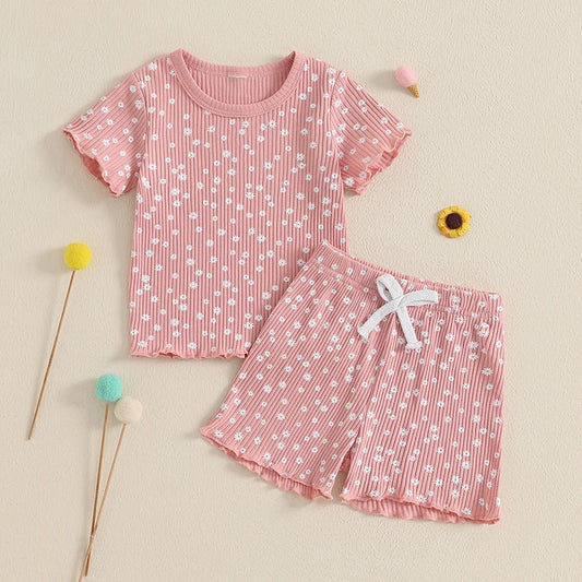 Girls Sleeveless Tank Top and Denim Shorts Set Casual Summer Outfit with Floral Print and Frayed Hem