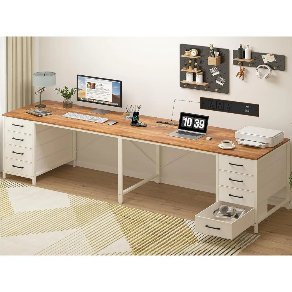 95" 2 Person Desk with 8 Drawers, Large Writing Home Office Desks with Outlets, I Shaped Workstation Double Desk Drawer Orga