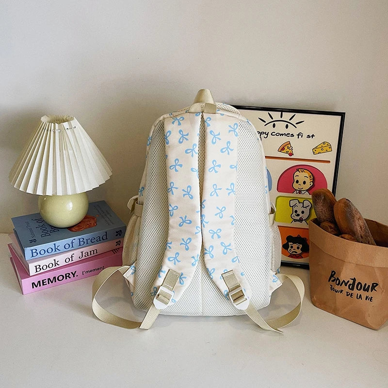 3Pcs/Set Bow Print Backpack with Crossbody Bag and Small Purse Bow Student Bookbag Simple Backpack for Elementary Middle Kids