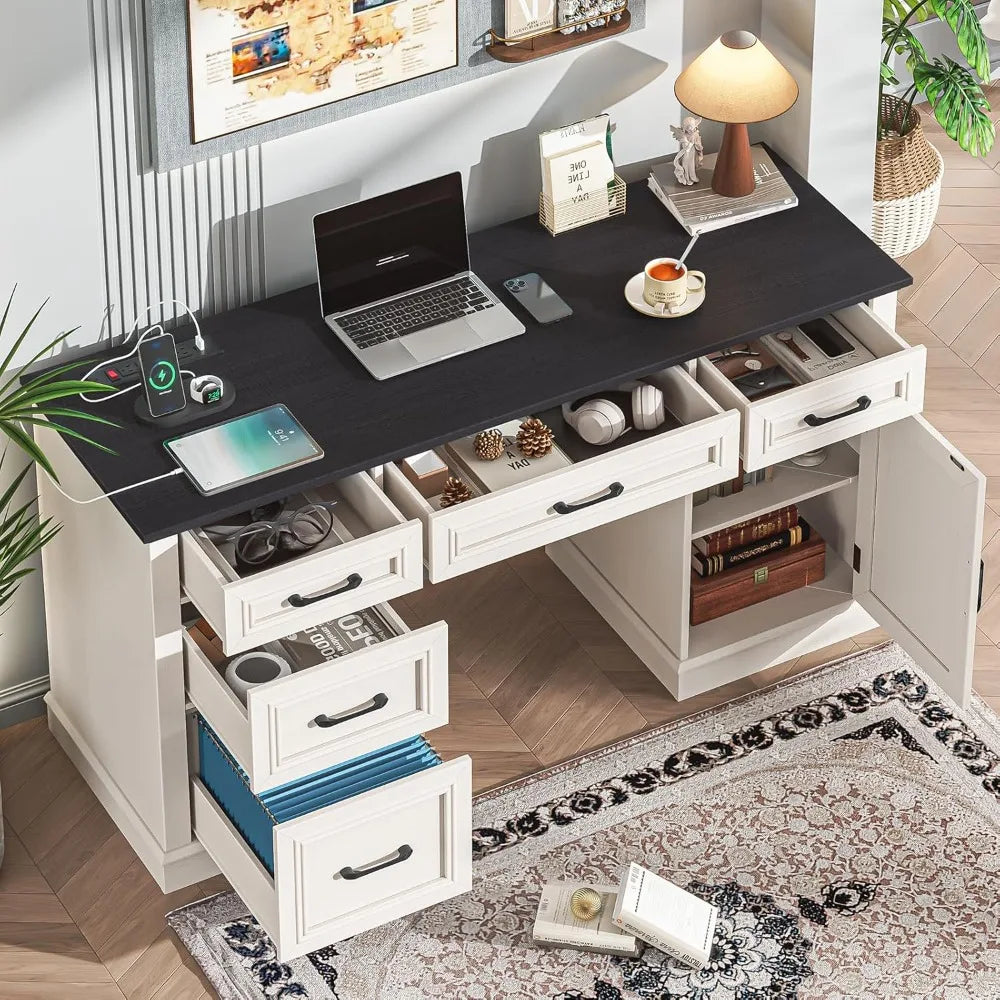 Farmhouse 59'' Executive Desk with Charging Station,Office Desks Computer Desk with 5 Drawers, Wood Workstation for Home Office