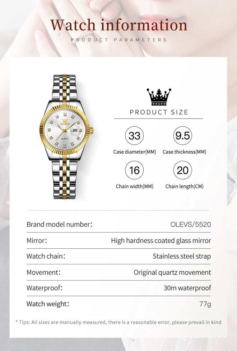 OLEVS Women's Watches Luxury Diamond Elegant Women Wristwatch Stainless Steel Waterproof Luminous Ladies Watch Jewelry Set