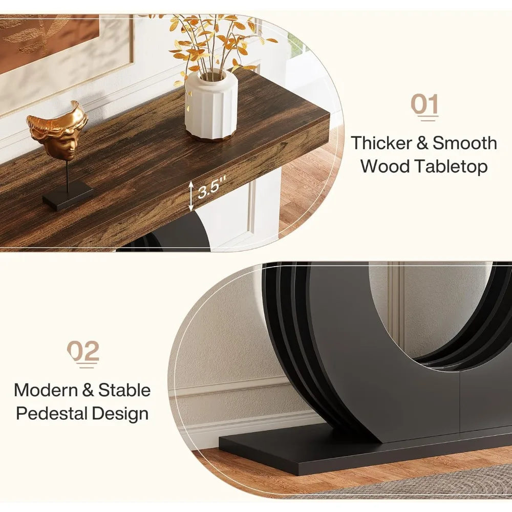 Wood Console Sofa Table, 63-Inch Rustic Industrial Farmhouse Entryway Table, Narrow Long Couch Console Behind Sofa with Black C