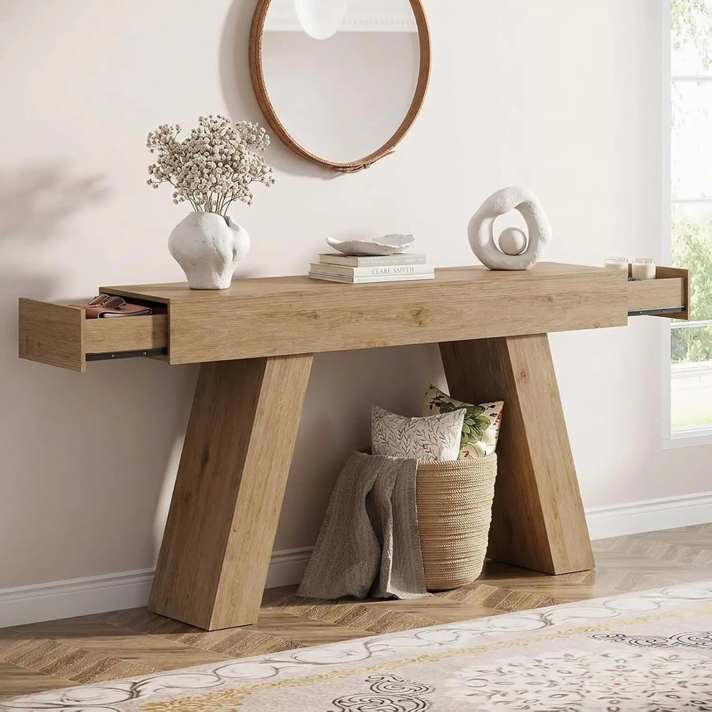 63-Inch Long Console Table with Storage Drawers, Wood Grain Sofa Table Behind Couch, for Entryway, Entrance,, Customized