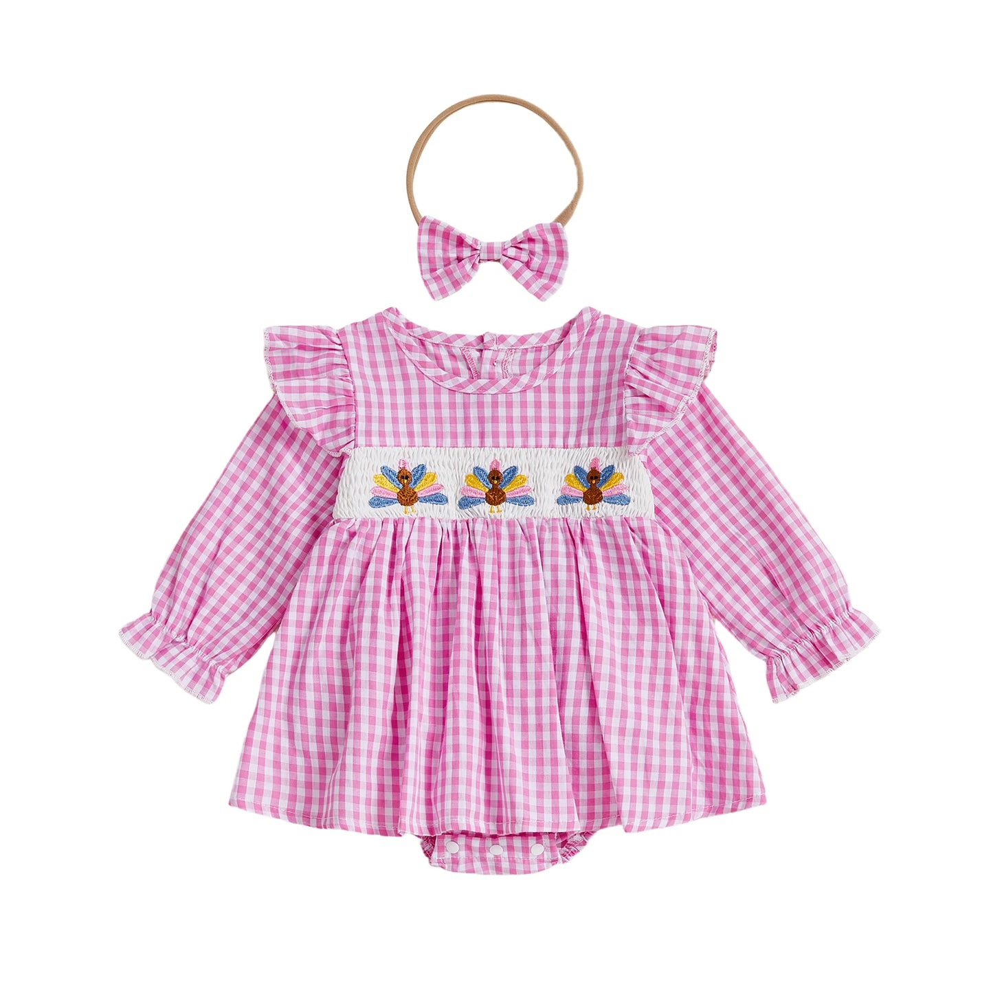 Thanksgiving Baby Girl Outfit Plaid Turkey Embroidered Romper Dress with Long Sleeve and Bow Headband Set - 2 Piece Holiday