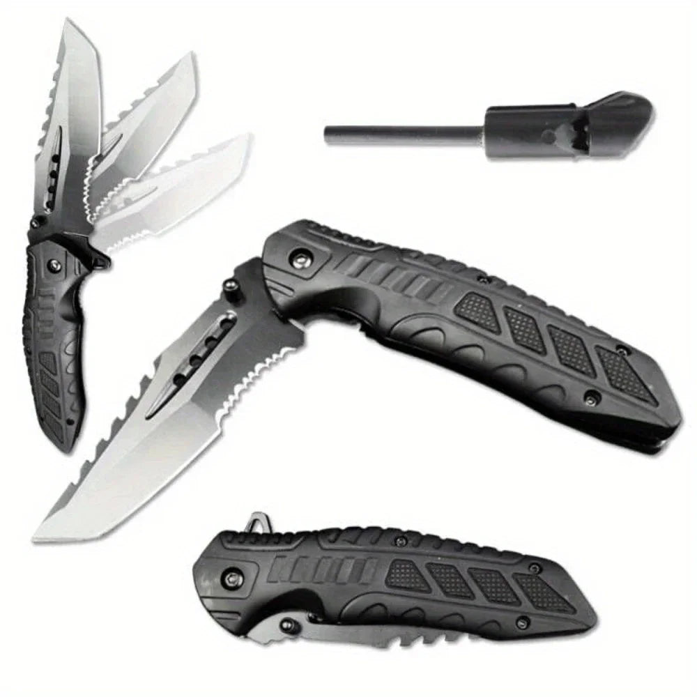 Tactical Folding Knife with Serrated Blade, Glass Breaker & Bottle Opener, EDC Pocket Knife for Men, Outdoor Survival Camping