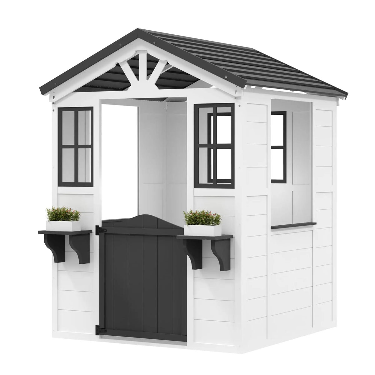 Fir Wood Kids Outdoor Playhouse With Pretend Kitchen and Flower Boxes