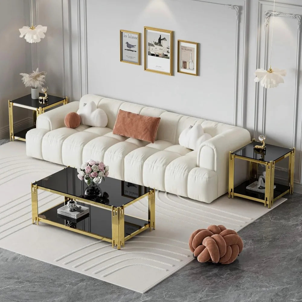 Luxury Rectangular Tempered Glass Coffee Table with Gold Stainless Steel Legs for Modern Living Rooms