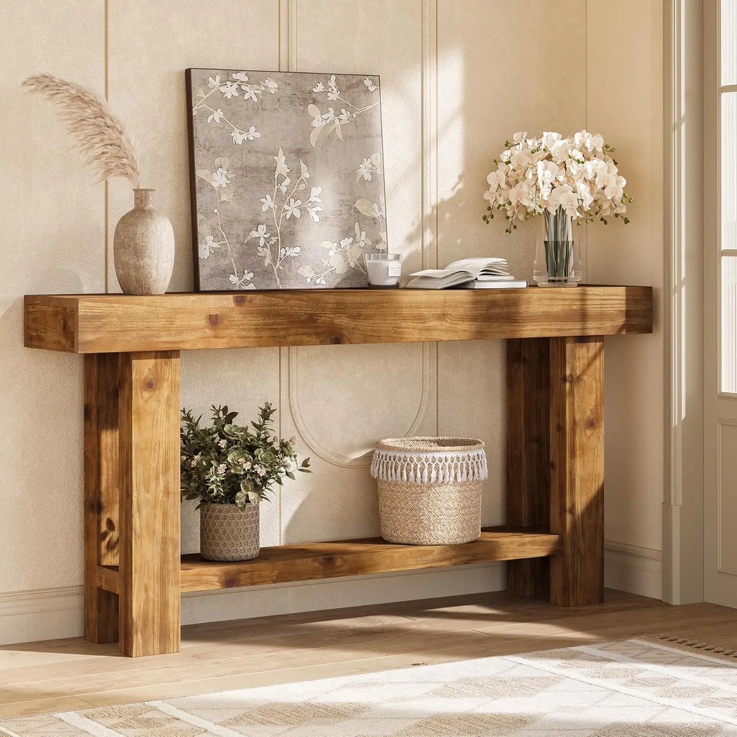 63-Inch Solid Wood Long Console Table, Farmhouse Narrow Entryway Sofa Table with 2-Tier Storage, for Living Room,, Customized