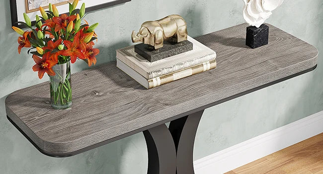 LITTLE TREE Industrial Console Table, 40 inch Narrow Entryway Foyer Table with Geometric Base, Accent Table for Living Room