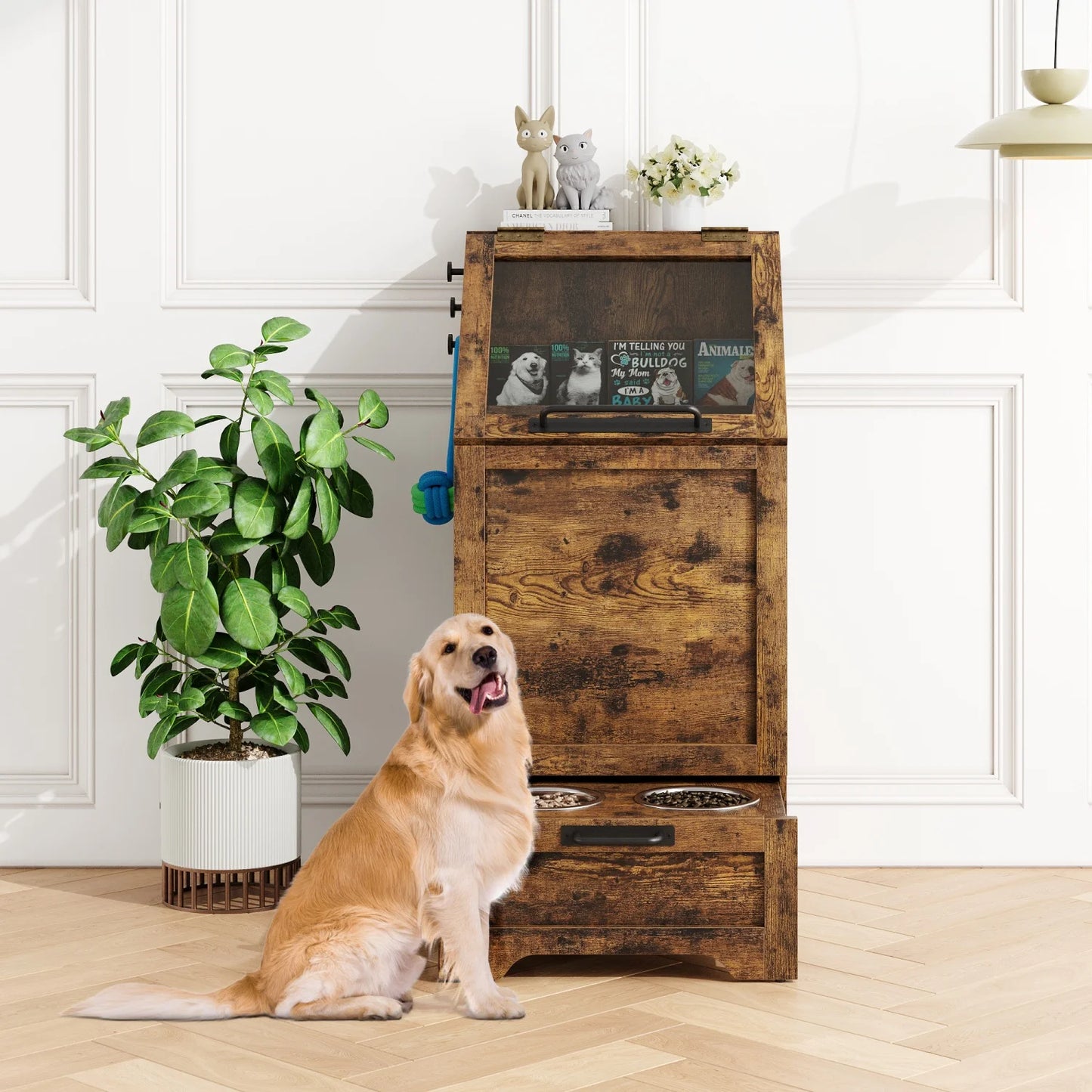 Pet Food Cabinet Flip Top Dog Food Storage Cabinet,Dog Feeding Station with 2 Elevated Bowls, Pet Toy Storage Organizer