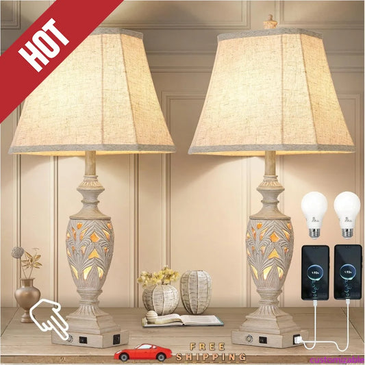 Customizable 29.5"H Touch Control Traditional Table Lamp Set of 2,Vintage Bedside Lamp Nightstand Lamps with Dual USB Ports,3-Wa