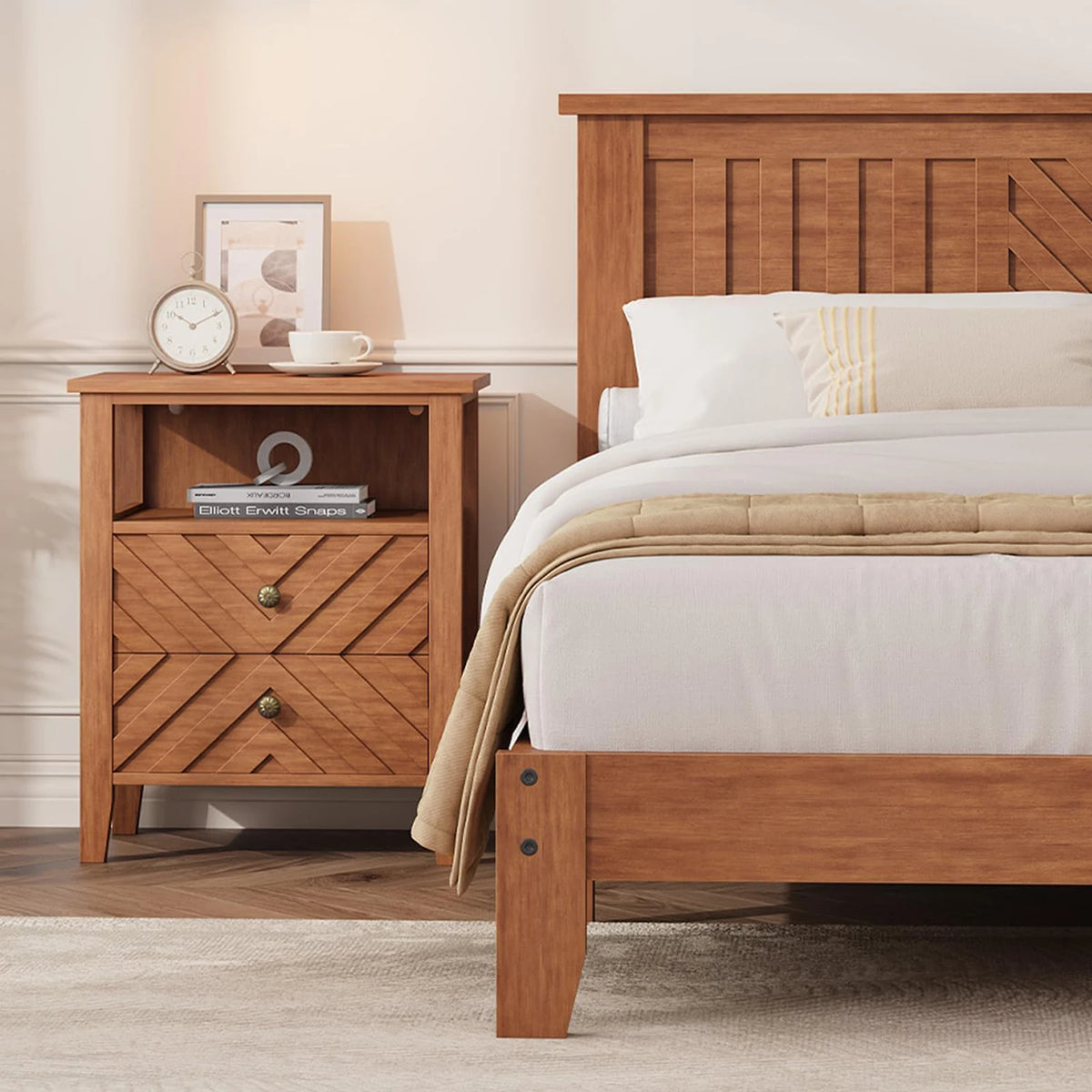 Wooden Platform Bed Frame Queen V Headboard Noise Free Slats No Box Spring