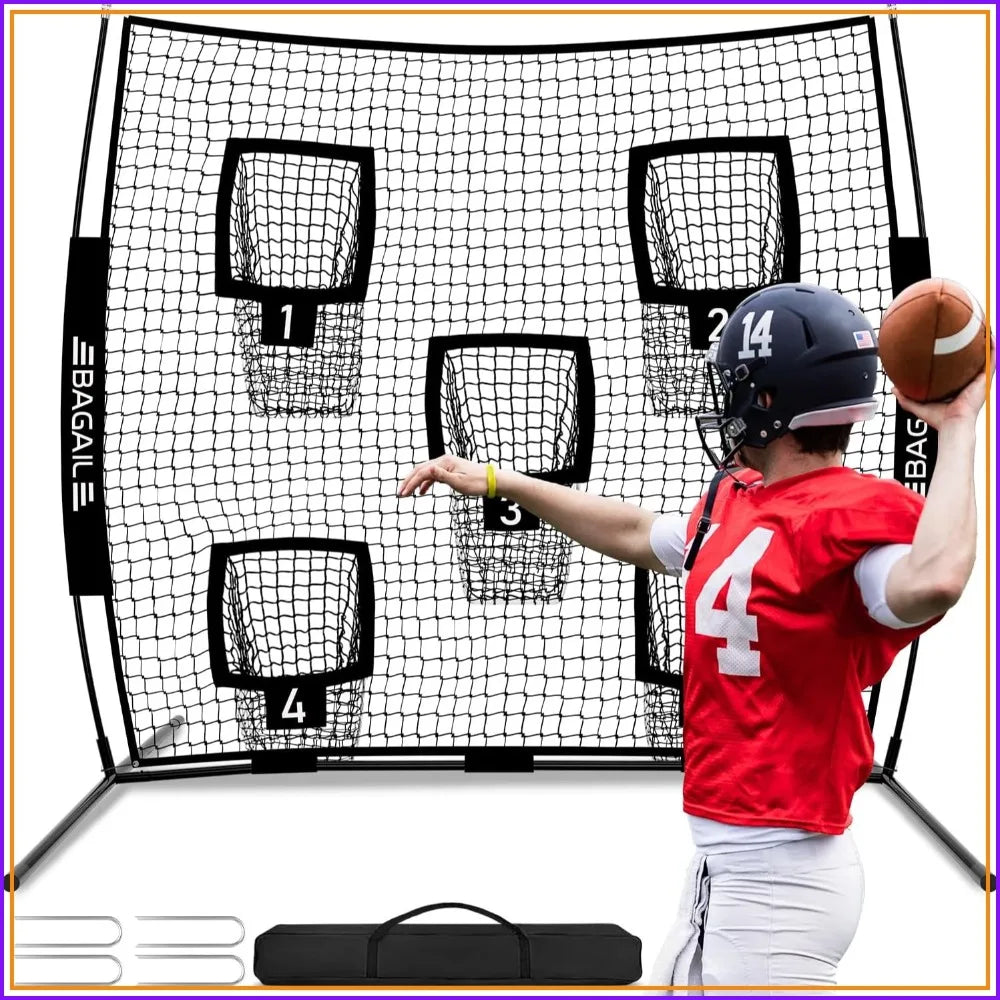 Football Throwing Net - 5 or 9 Target Pockets, Easy Setup, Heavy-Duty, Portable QB Accuracy Trainer with Carry Bag