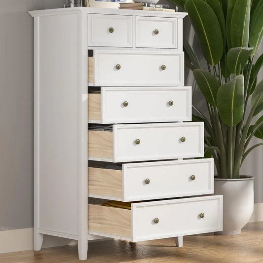 White 7 Drawer Tall Dresser, Tall Solid Wood Large Storage Cabinet, Modern Simple White Tall Chest of Drawer for Bedroom Living