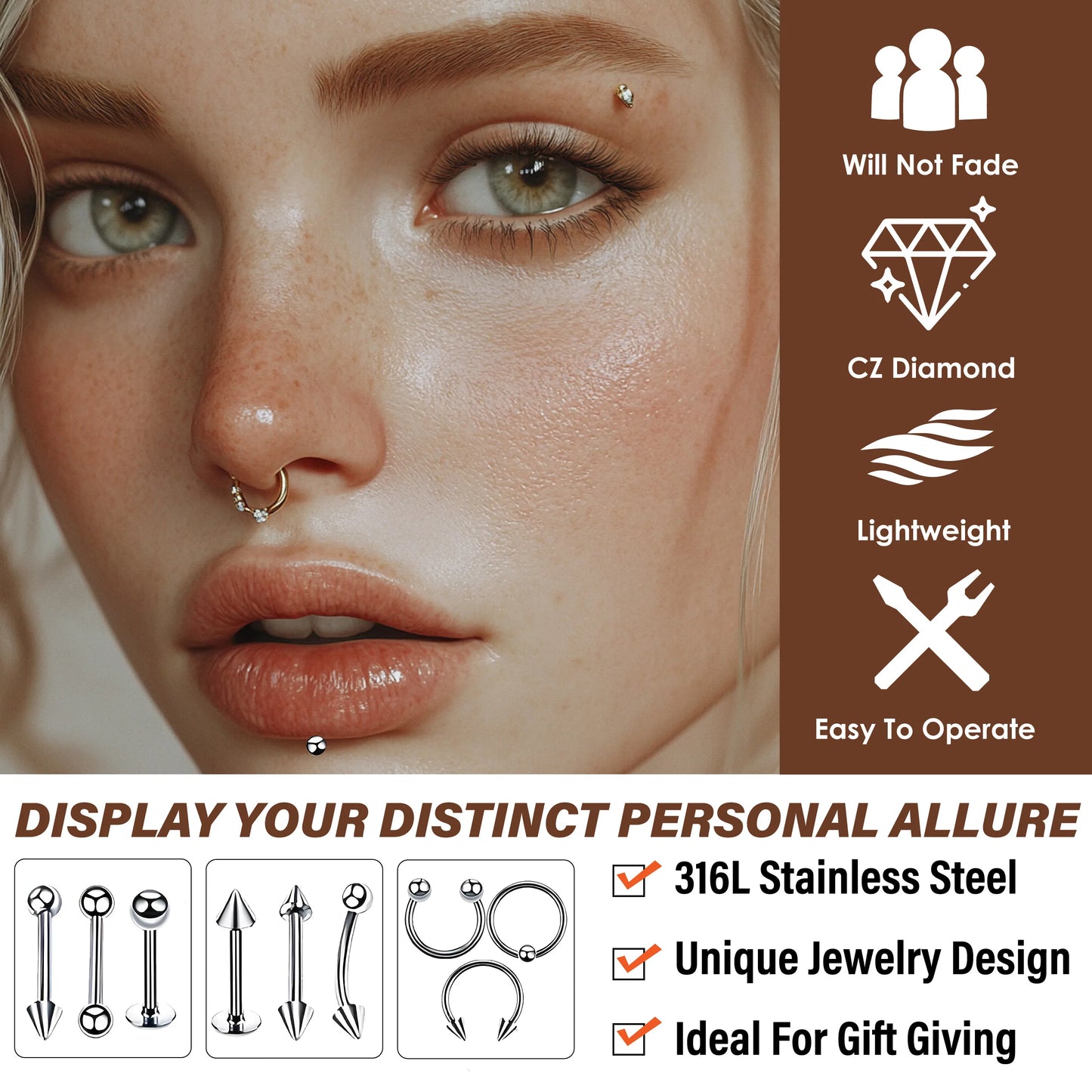 16/100Pcs Sterile Ear Piercing Kit, Body Piercing Cartilage Tragus Helix Piercing Lip Ring Piercer Tool Machine Set