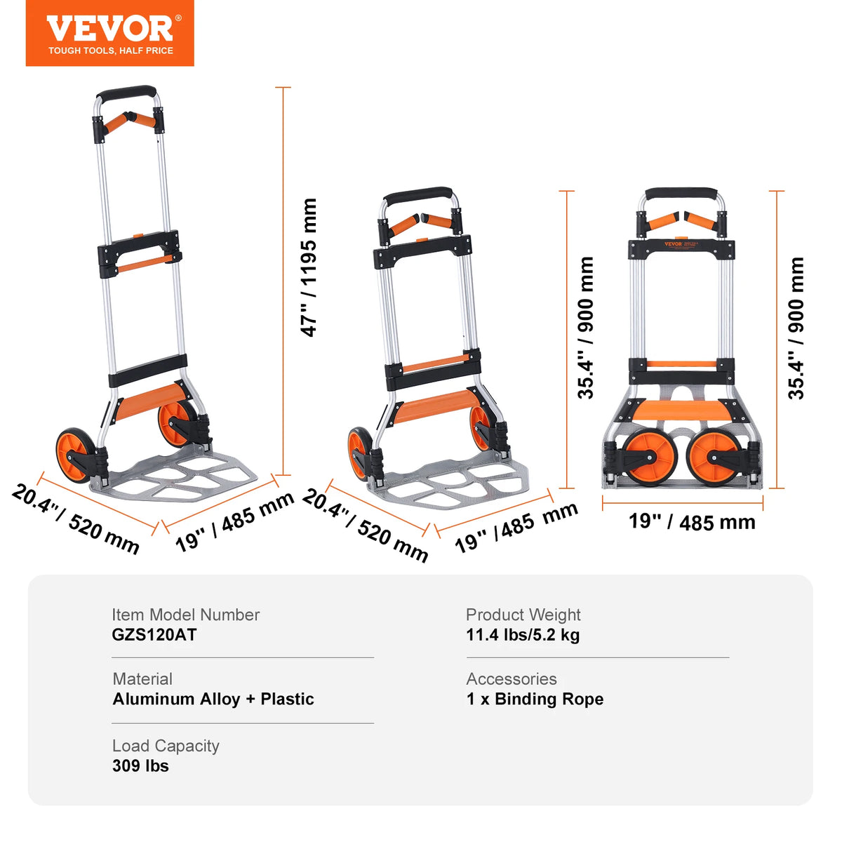 SucceBuy 176/275/309 lbs Folding Hand Truck Portable Cart Dolly with Telescoping Handle and Binding Rope for Moving Warehouse
