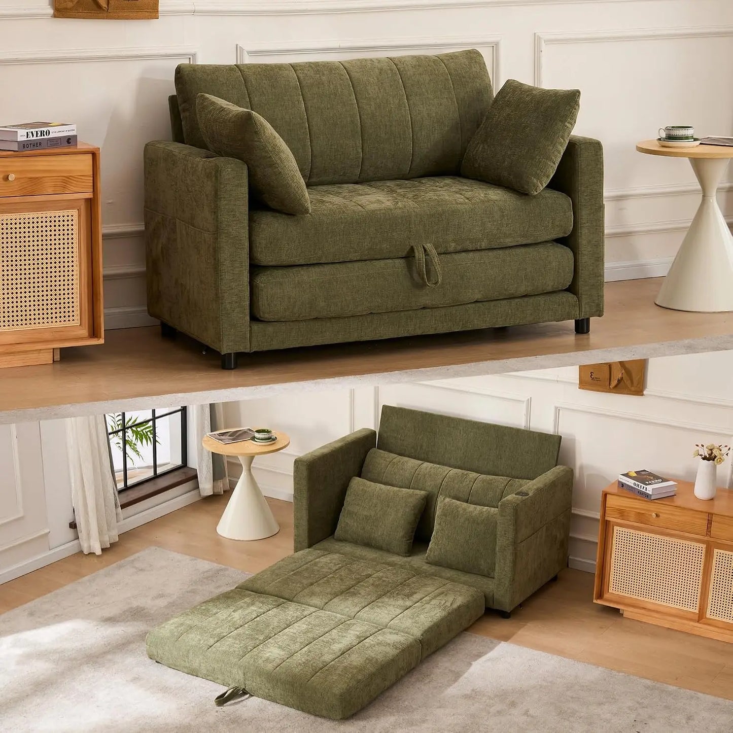 52" Convertible Loveseat Sofa Bed, 2 in 1 Sleeper Couch, Side Pockets, Space-Saving, Folding Sofa Bed with USB Port, Customized
