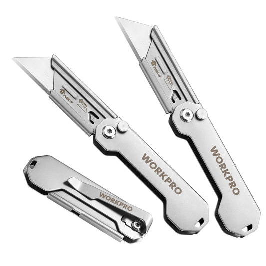 WORKPRO 3pcs Folding Utility Knife Stainless Steel Quick Realse Pocket Knife with Belt Clip Sharp Blade General-Purpose Cutting