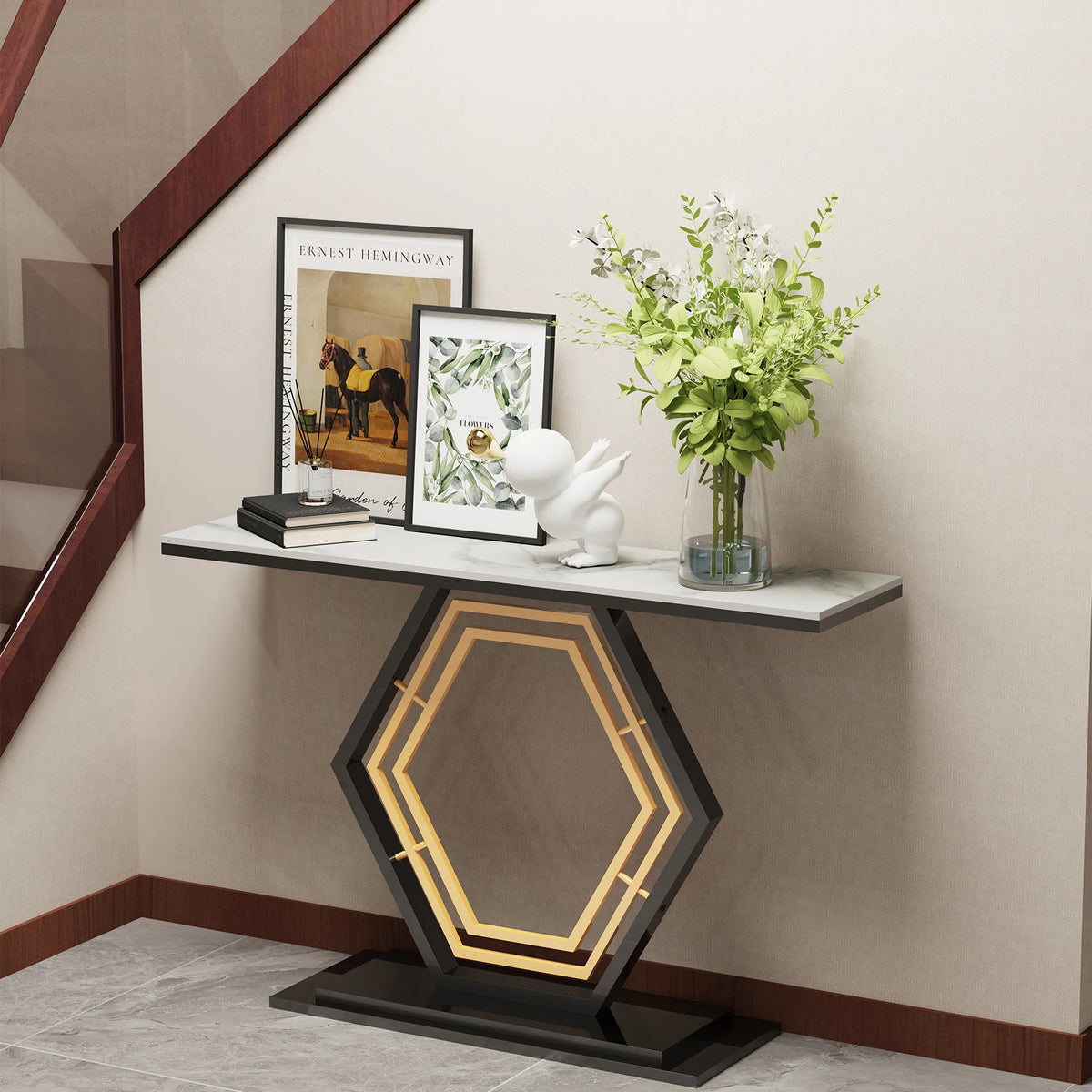 Narrow Modern Metal Console Table With Sintered Stone Top for Entryway