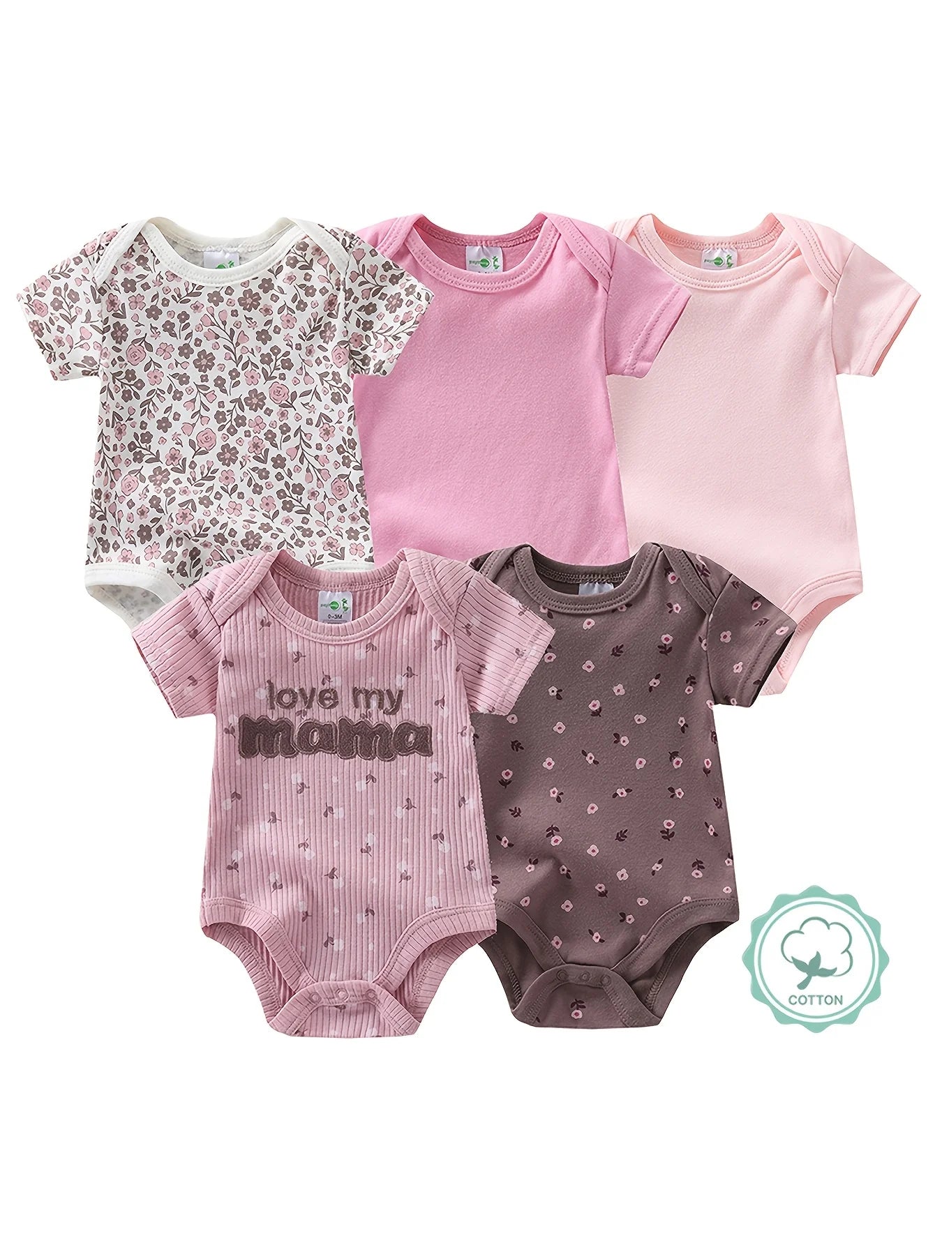 5pcs Set Baby Girl Short Sleeve Spring Summer Triangle 1pc Jumpsuit, Cotton Floral Print Romper, Infant Girl Cute Style Crawling Clothes, Newborn Clothing, Baby Girl Clothing, Infant Apparel, Perfect for Outdoor
