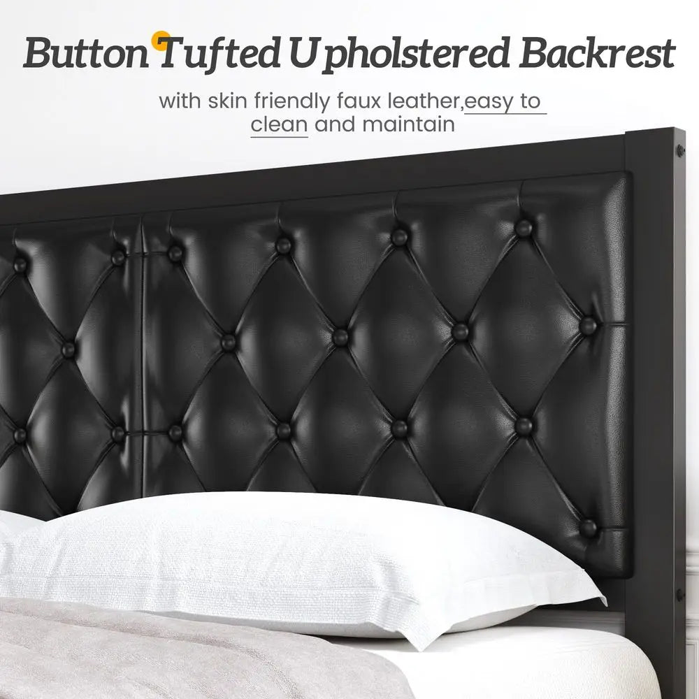 Queen Upholstered Bed Frame with Tufted Headboard Metal Slats No Box Spring