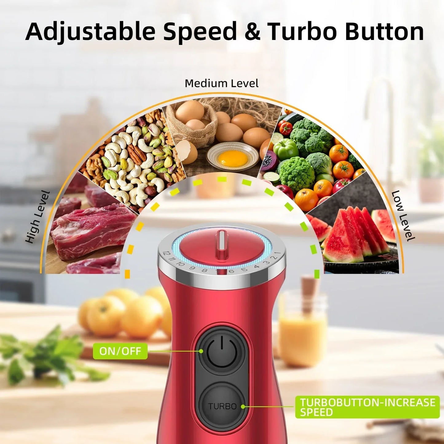 Handheld Kitchen Blender: 5-in-1 1000 Watt Multi-Purpose Hand Blender, 12-Speed Stick Blender for Food, Soups, Purees and Cakes