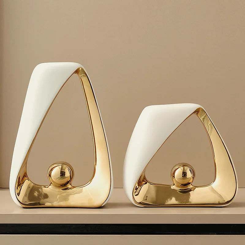 Ceramic Crafts Statues Abstract Ornaments Decorative Figurines Geometric Triangles Golden Ball Skeleton Sculpture Home Decor