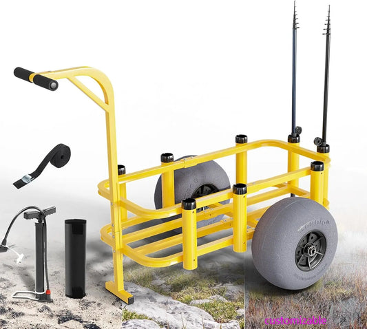 Fishing Cart, Beach Wagon with 13" Big Wheels for Sand, Beach Cart, 300 lbs Load Capacity, 8 Fishing Rods Holders, Mesh Bag