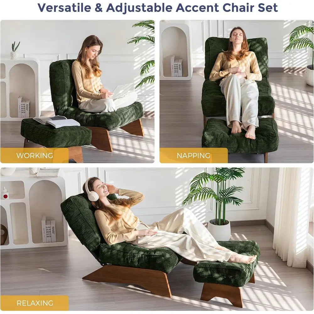 Green Upholstered Reclining Chair with Ottoman for Living Room and Reading, Adjustable Backrest Lounge Chair Set