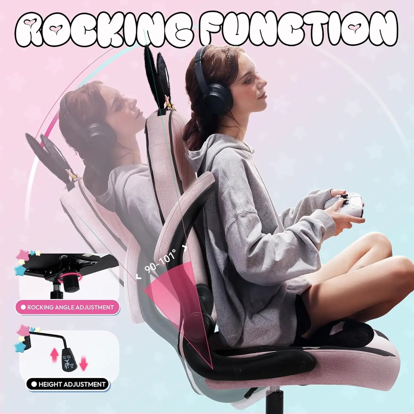 Gaming Chair with Removable Cute Bunny Ears, Desk Game Chair Adiustable Height Cloth for Girl, Ergonomic Computer Chair