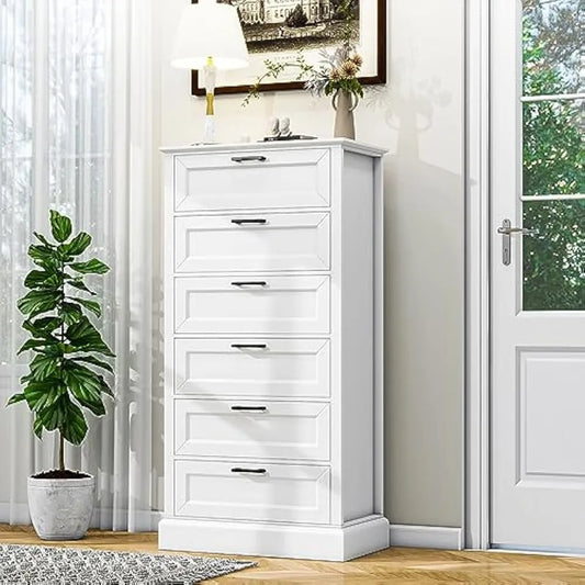 Tall White 6 Drawer Dresser, Wood Vertical Chest of Drawers for Bedroom, 55" H Modern Lingerie Dressers for Closet, Living Room,