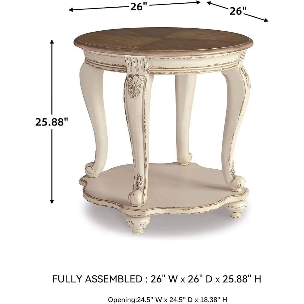 realyn french country two tone round end table, chipped white