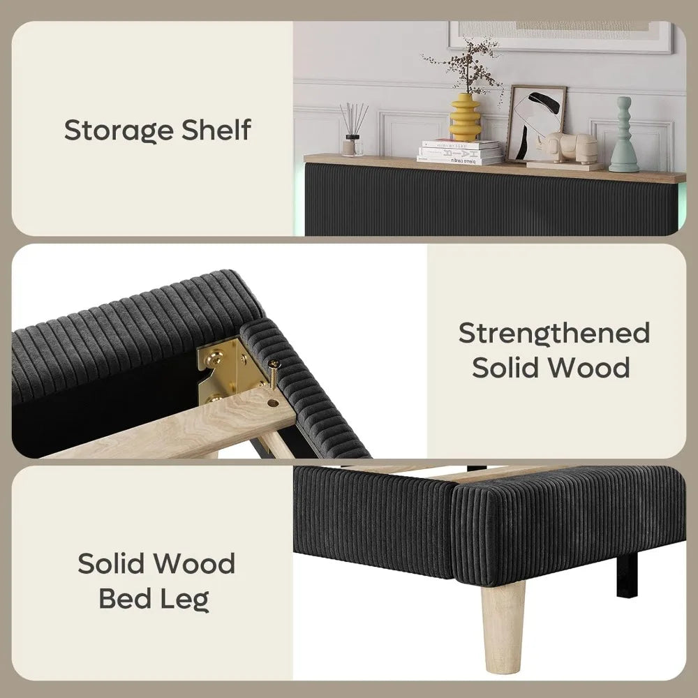 King Bed Frame with Adjustable Headboard & LED Lighting, Corduroy Upholstered Platform Bed Frame with Storage Shelf