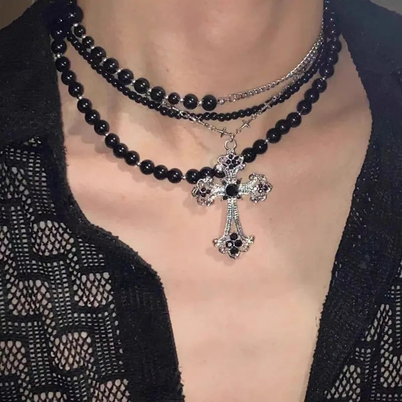 Multi layered necklace with stainless steel punk style hip-hop collarbone chain for couples to wear as holiday gift